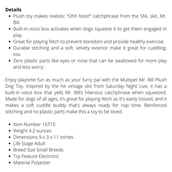 11" Multipet Mr. Bill SNL Plush Toy Realistic “Ohh Noo!!” Catchphrase SNL Skit - Picture 2 of 3